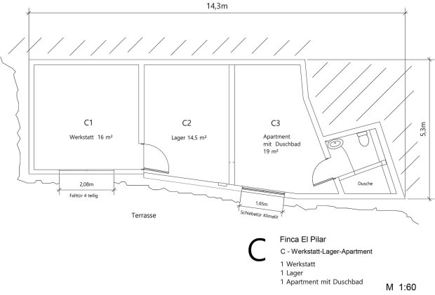 Grundriss Nebengebude mit Studio, Werkstatt und Lagerraum